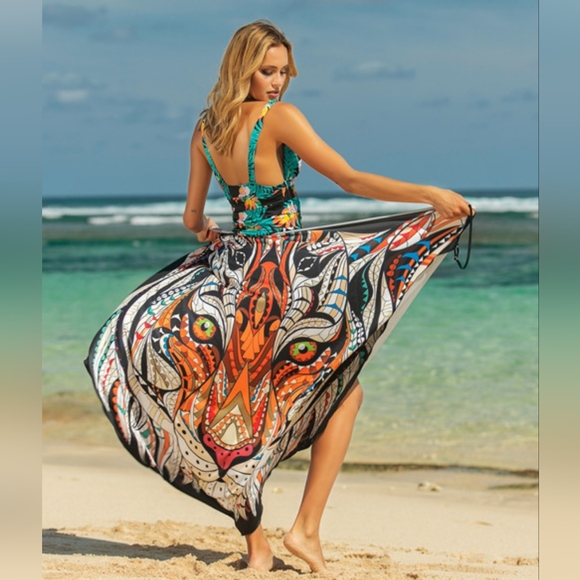 Colorful Swim Coverup Convertible Spaghetti Strap Swimwear Dress Sarong Lion - Picture 6 of 8
